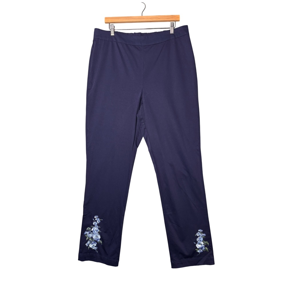 Isaac Mizrahi Live QVC Pants 16 Tall Navy Blue Floral Embroidered Straight Leg